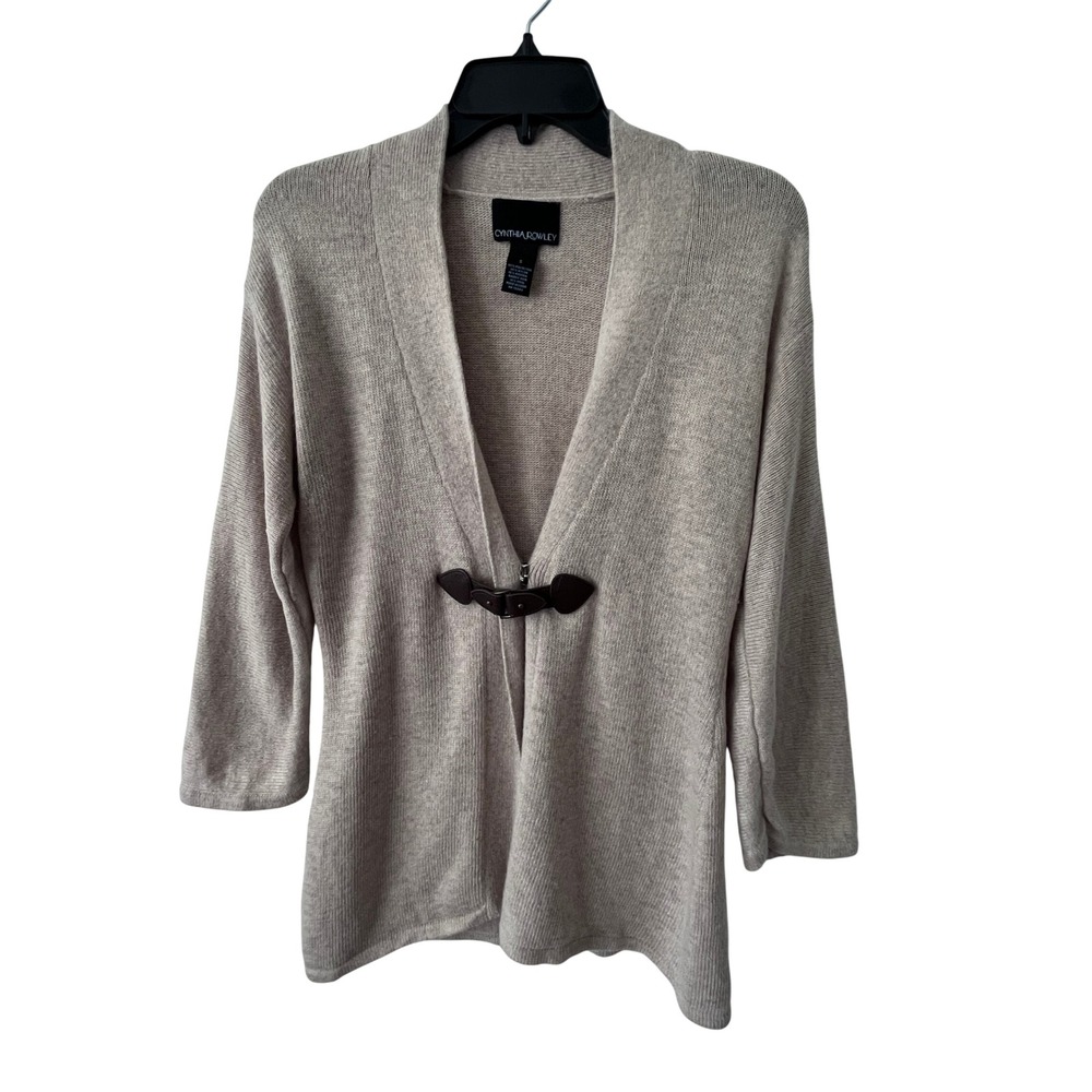 Cynthia Rowley Wool Blend Cardigan Faux Leather Toggle S Beige Neutral Chic